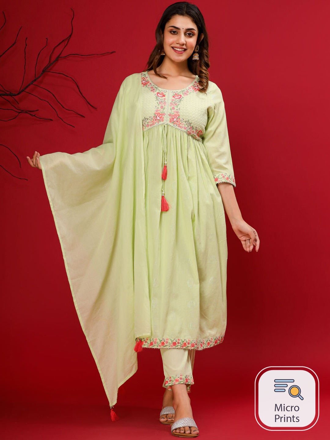 

Readiprint Fashions Floral Yoke Design Empire Pure Cotton Kurta With Palazzos & Dupatta, Green