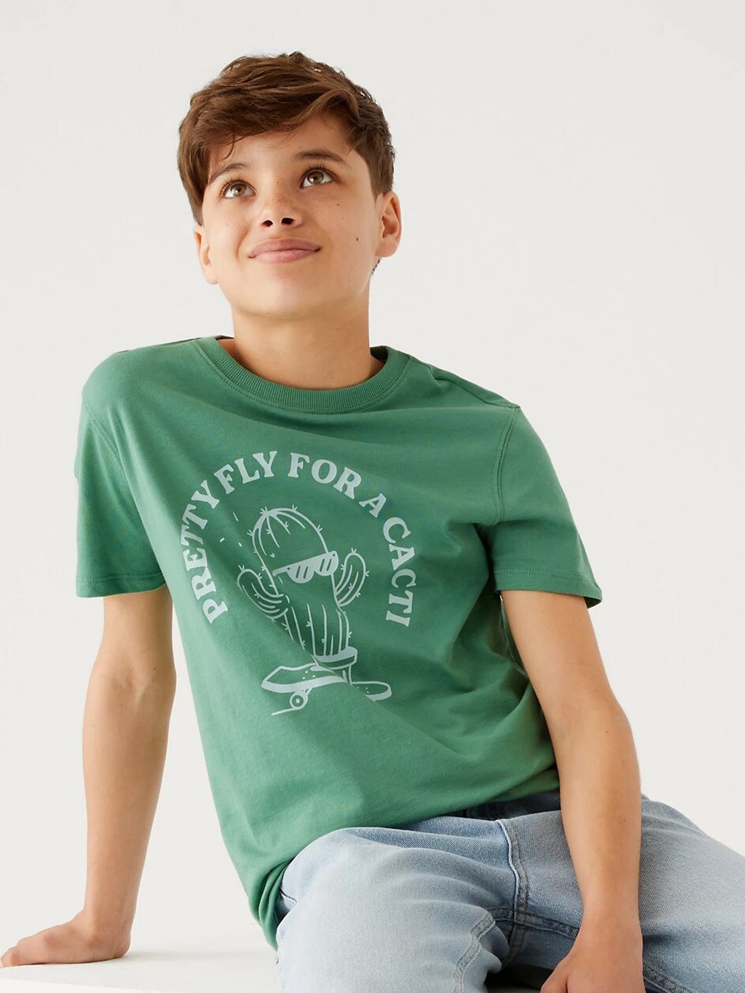 

Marks & Spencer Boys Typography Printed Cotton T-shirt, Green