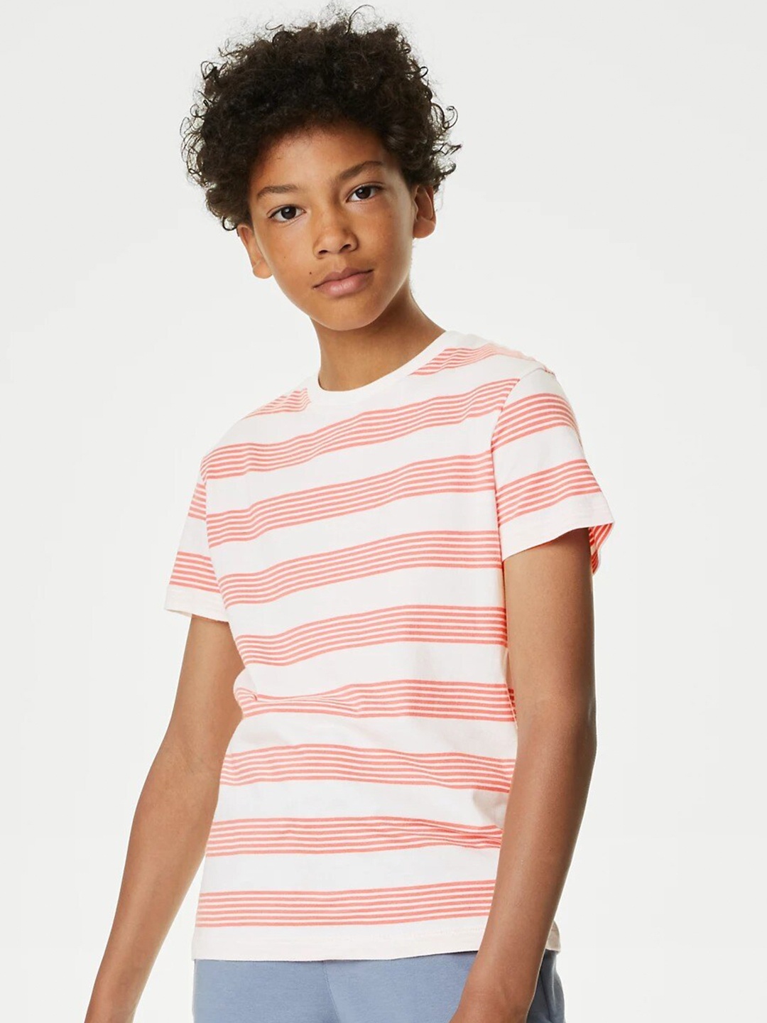 Marks & Spencer Boys Striped Cotton T-shirt, Coral
