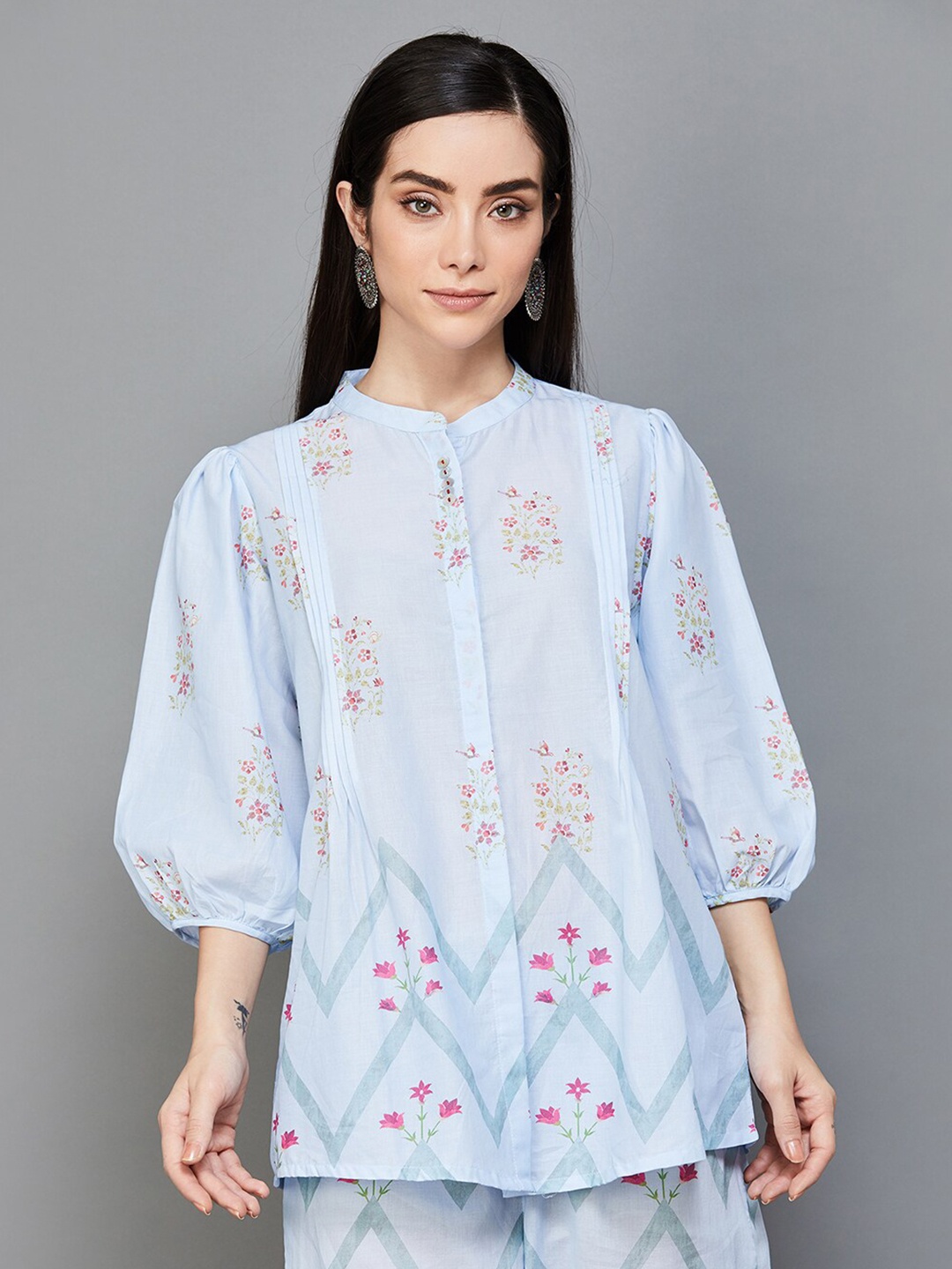 

Melange by Lifestyle Mandarin Collar Printed Pure Cotton Tunic, Blue