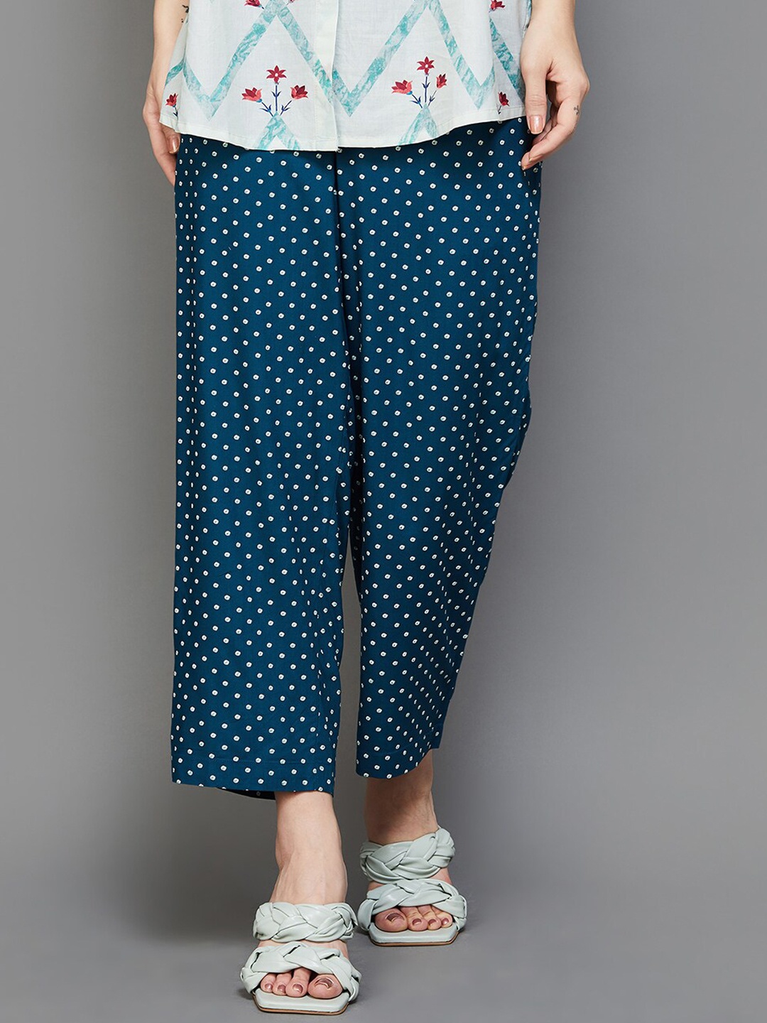 

Melange by Lifestyle Women Teal Polka Dot Printed Pleated Parallel Trousers