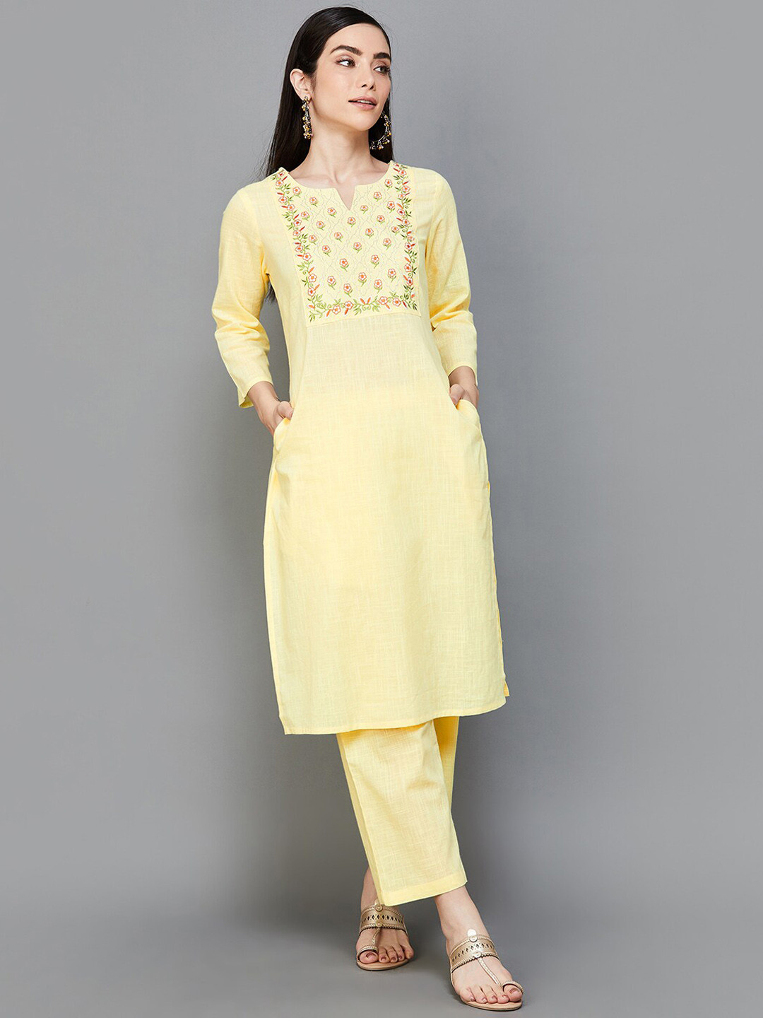 

Melange by Lifestyle Floral Yoke Design Thread Work Pure Cotton Kurta with Trousers, Yellow