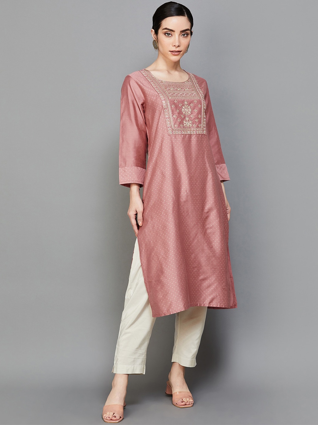

Melange by Lifestyle Woven Design Yoke Design Thread Work Straight Kurta, Mauve