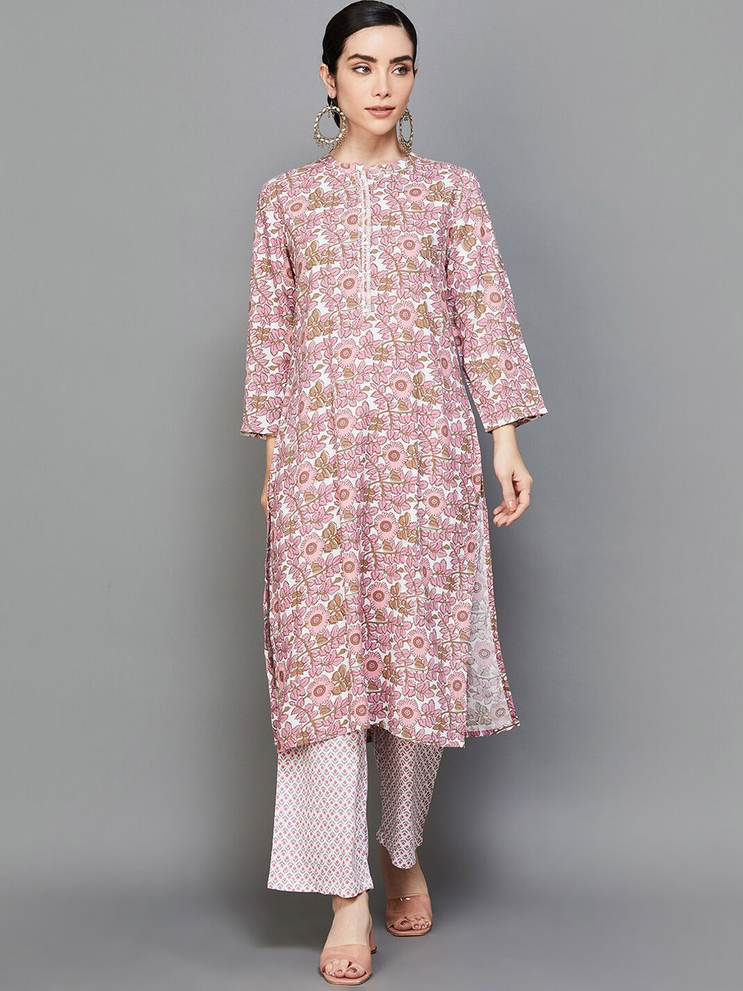 

Melange by Lifestyle Floral Printed Mandarin Collar Kurta with Trousers, Pink