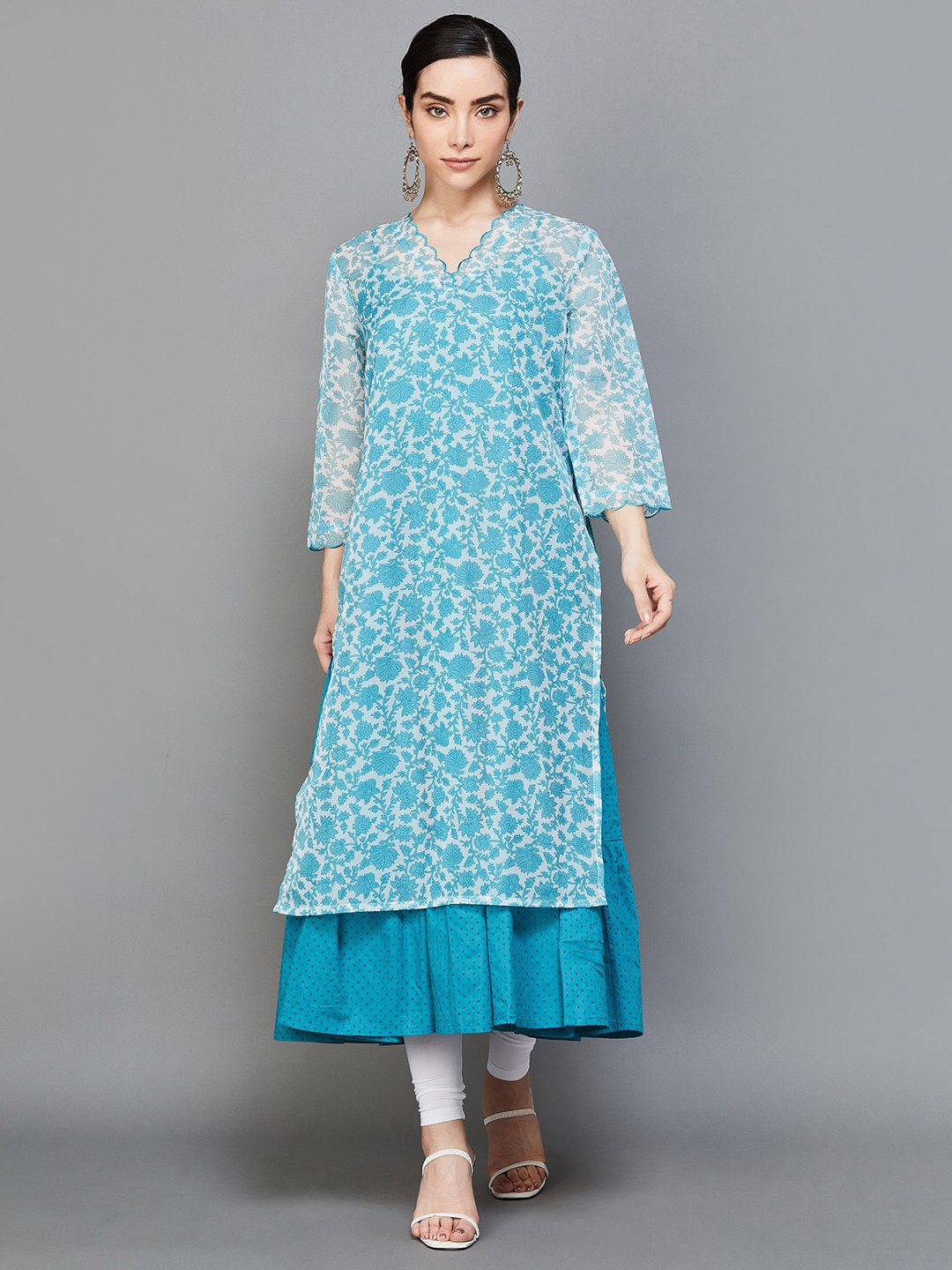 

Melange by Lifestyle Floral Printed V-Neck Layered Anarkali Kurta, Blue