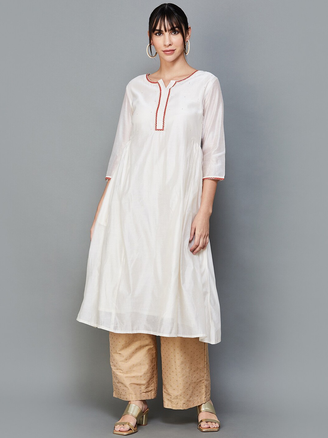 

Melange by Lifestyle Woven Design Round Neck Anarkali Kurta, Off white