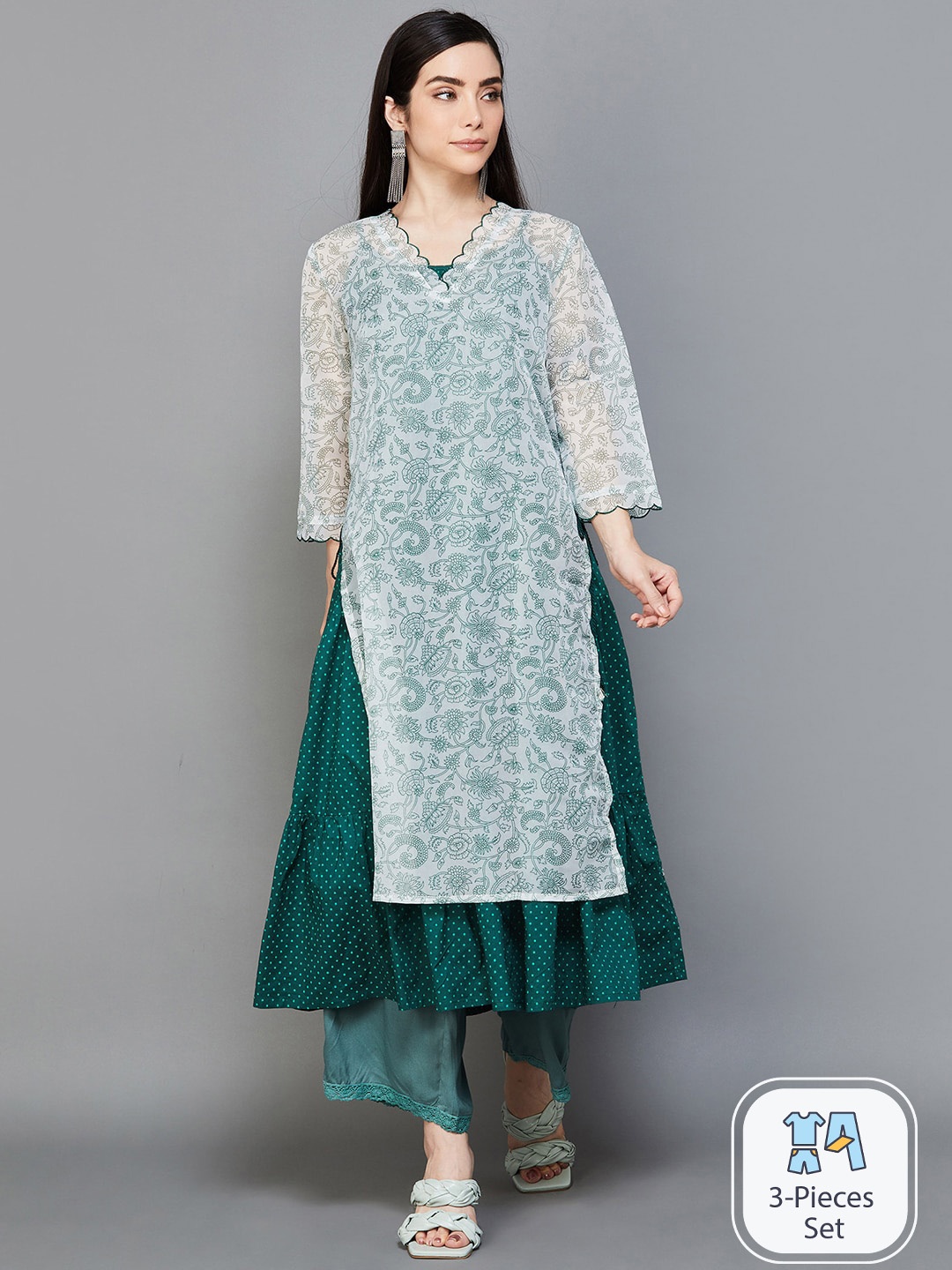 

Melange by Lifestyle Floral Printed V-Neck Layered Anarkali Kurta, Green