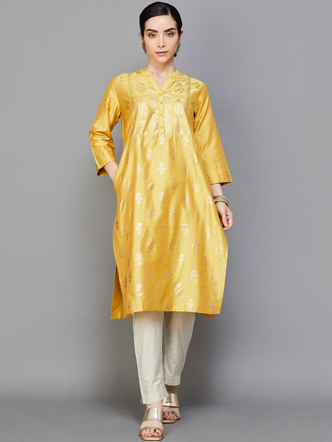 

Melange by Lifestyle Ethnic Motifs Woven Design Mandarin Collar Kurta, Yellow