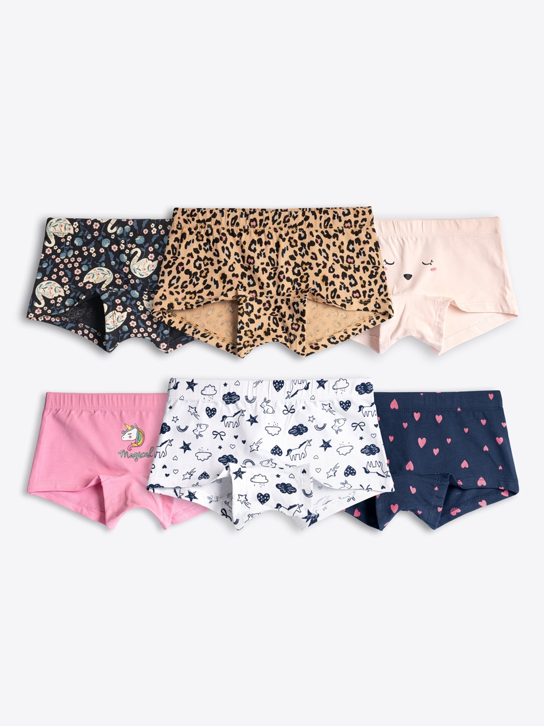 ariel Girls Pack of 6 Printed Boy Shorts Briefs, Assorted