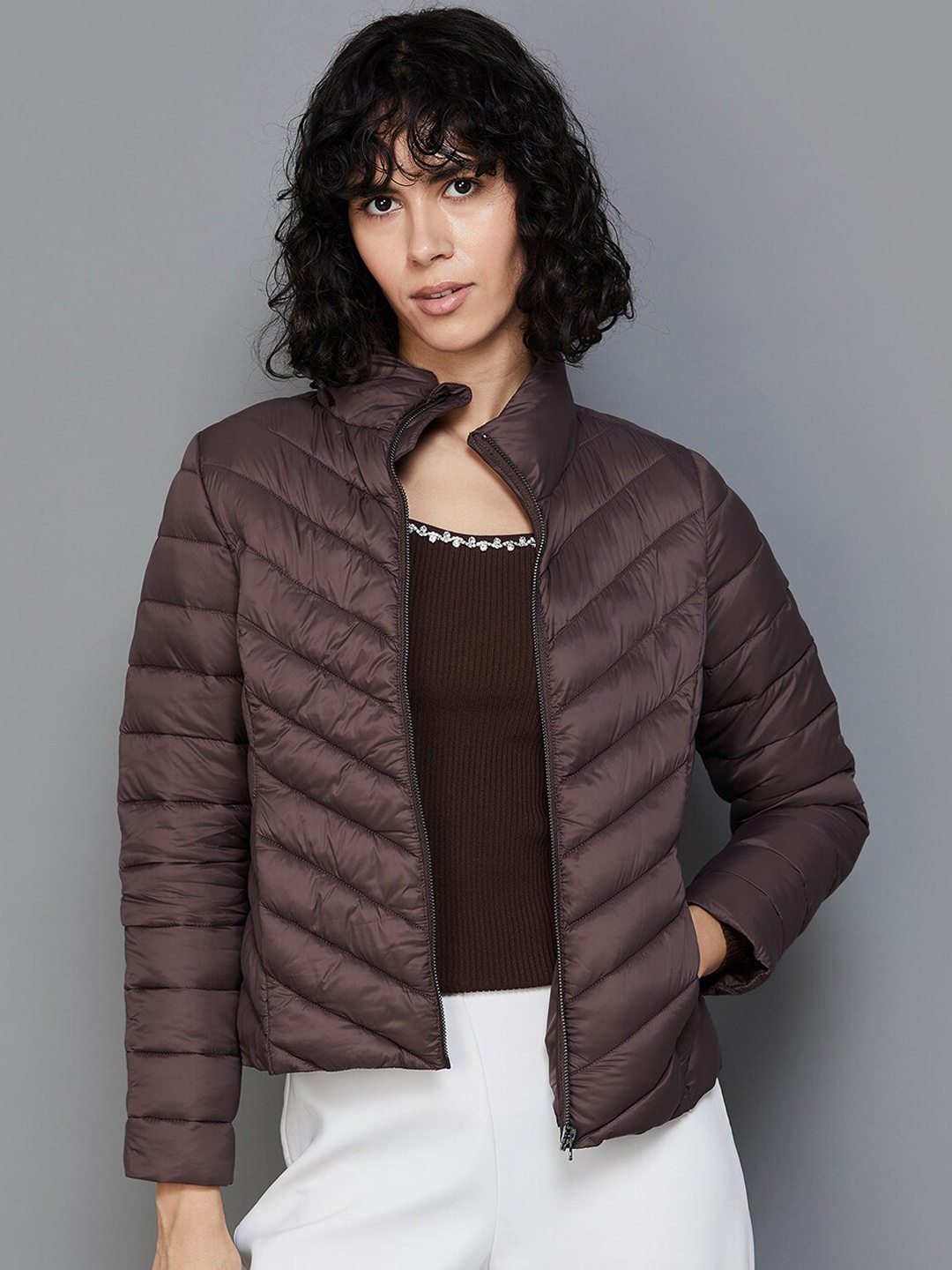

Ginger by Lifestyle Mock Collar Puffer Jacket, Brown