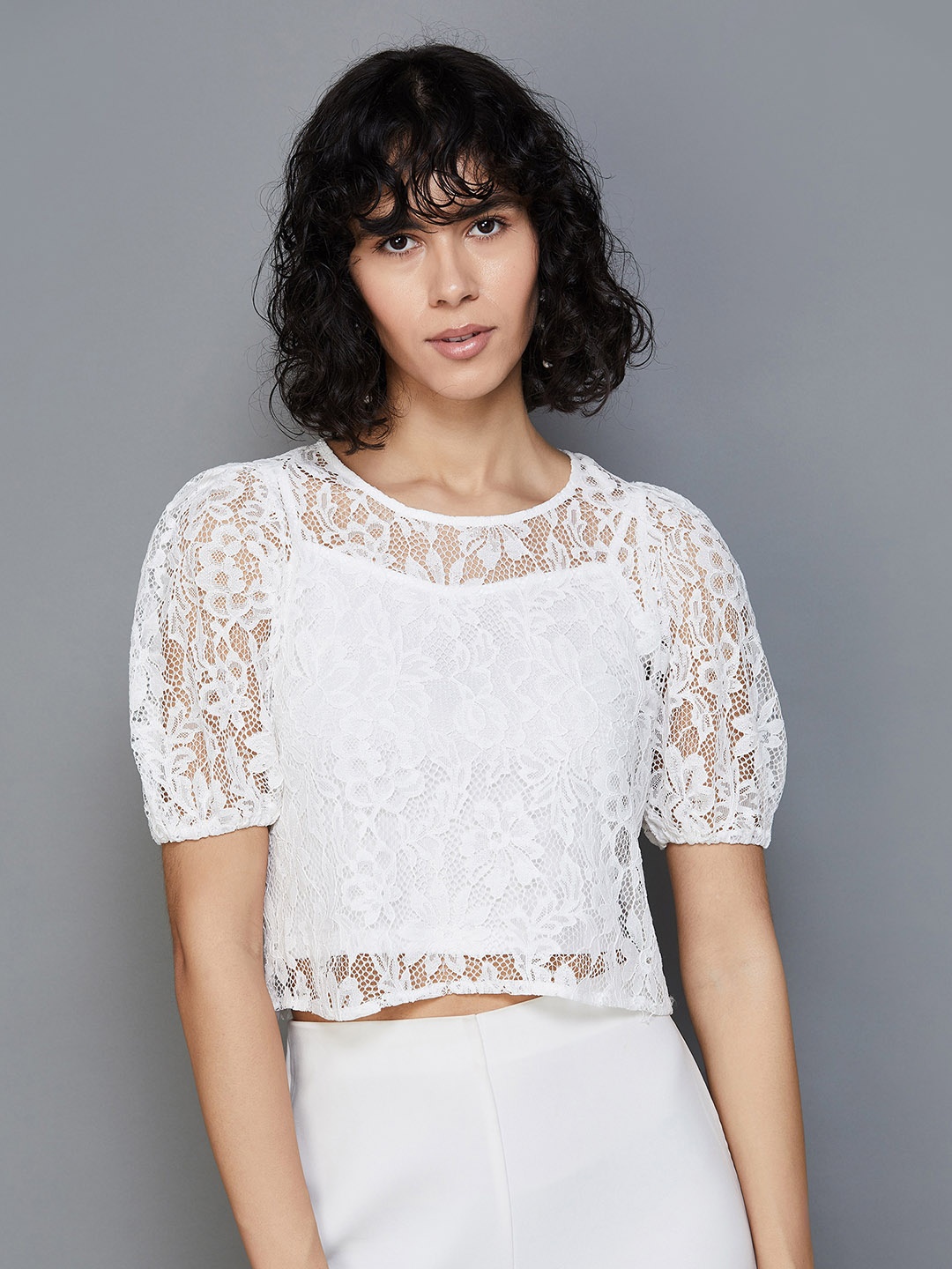

Ginger by Lifestyle Self Design Puff Sleeves Cotton Sheer Top With Slip, White