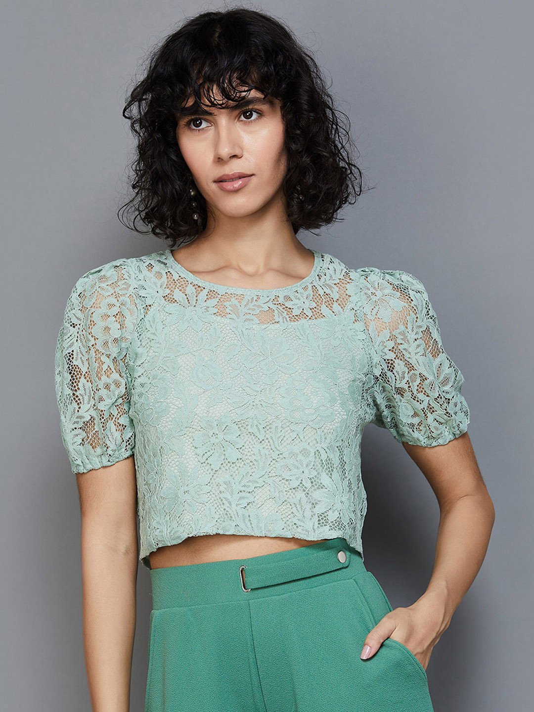 

Ginger by Lifestyle Self Design Puff Sleeves Cotton Sheer Top With Slip, Green