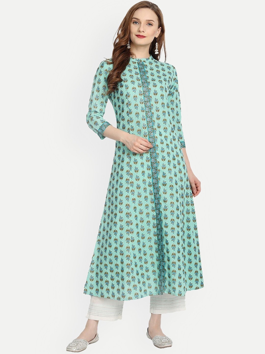 

SUTI Floral Printed Mandarin Collar Pure Cotton Kurta With Trousers, Green