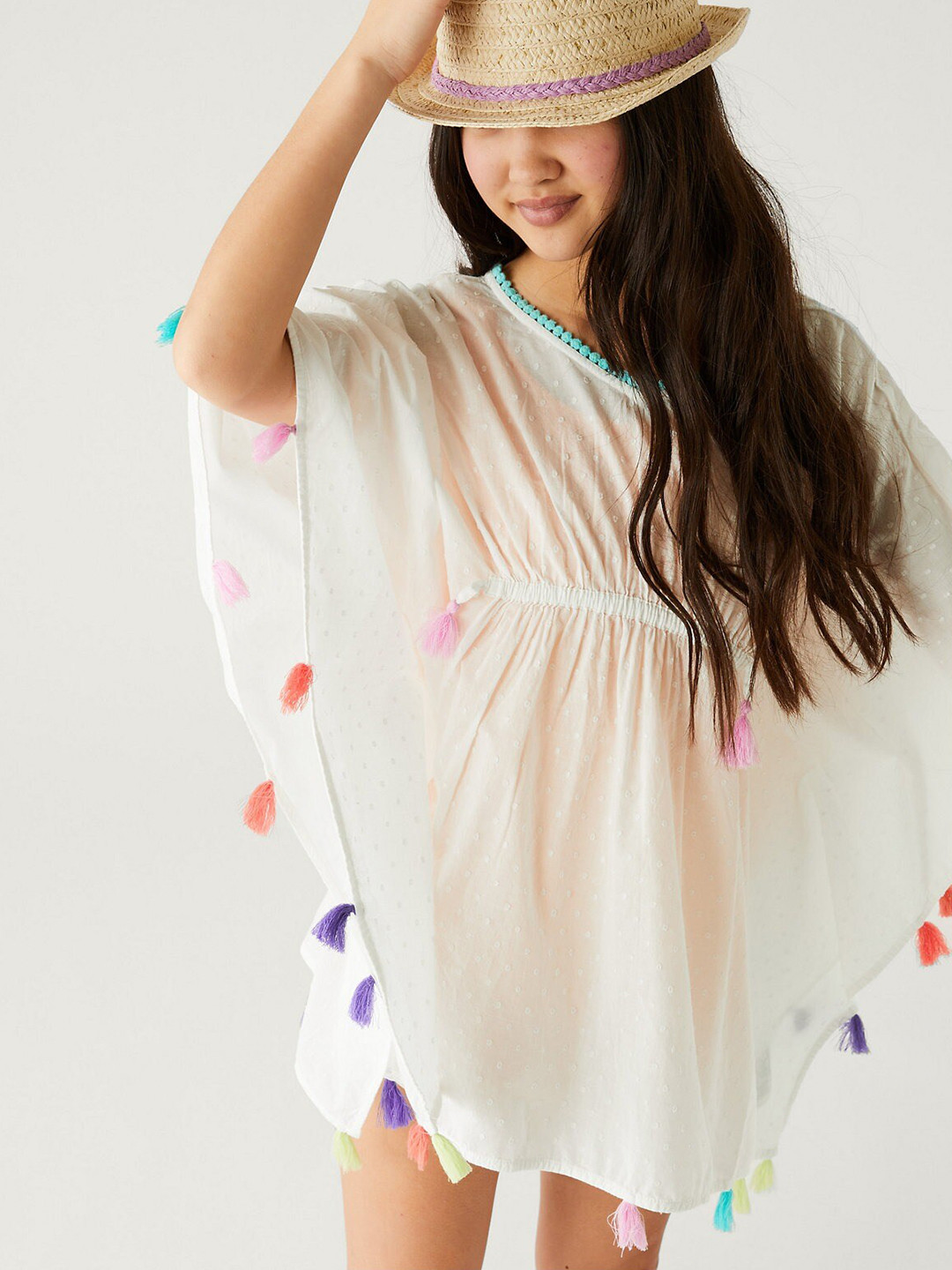 

Marks & Spencer Girls V-Neck Kimono Sleeves Pure Cotton Kaftan Dress, White