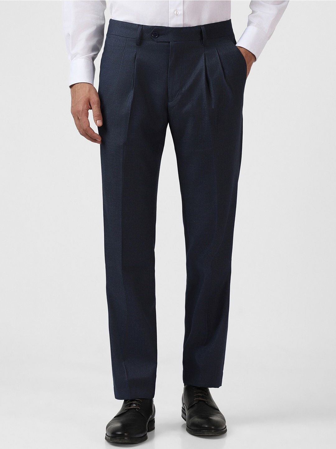 

Van Heusen Men Plain Pleated Slim Fit Formal Trousers, Navy blue