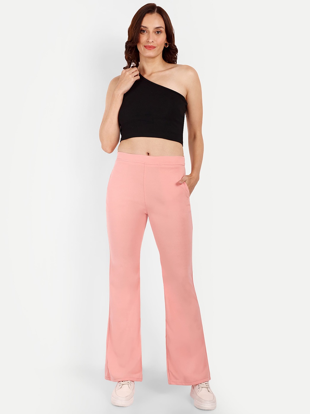 

BROADSTAR Women Relaxed Flared High-Rise Easy Wash Trousers, Peach