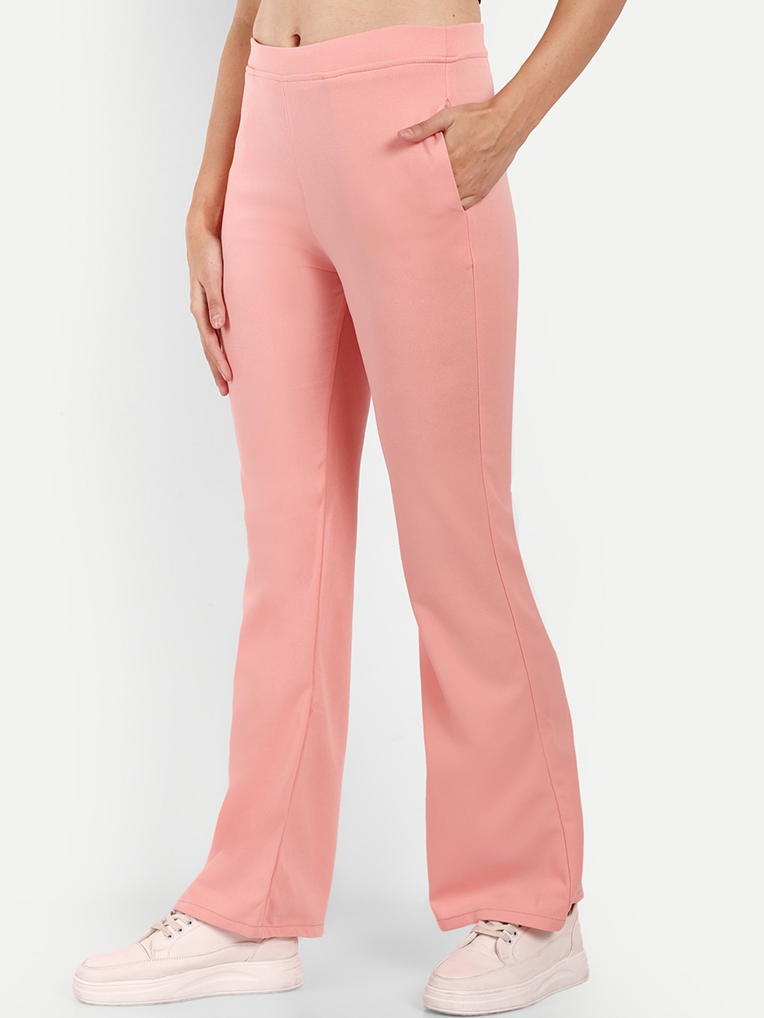 

BROADSTAR Women Relaxed Flared High-Rise Easy Wash Bootcut Trousers, Peach