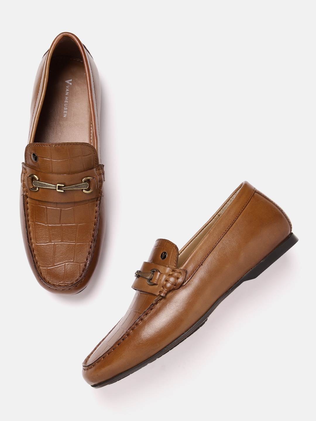 

Van Heusen Men Leather Croc Textured Horsebit Loafer, Brown
