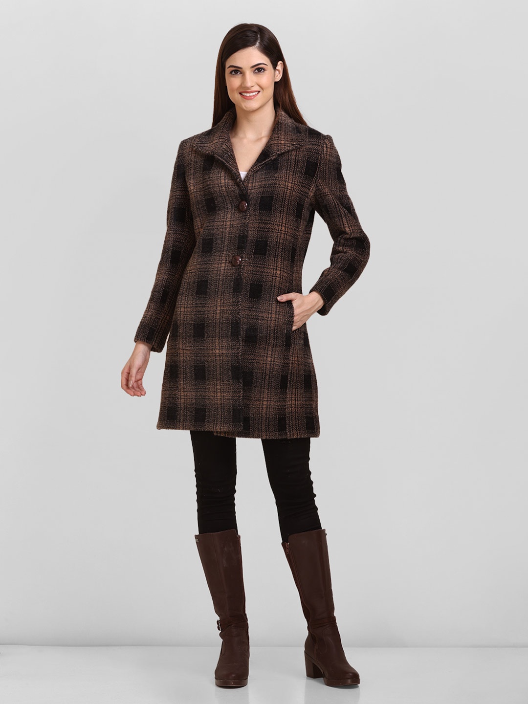 

LURE URBAN Checked Single Breasted Woollen Winter Stylish Overcoat, Brown