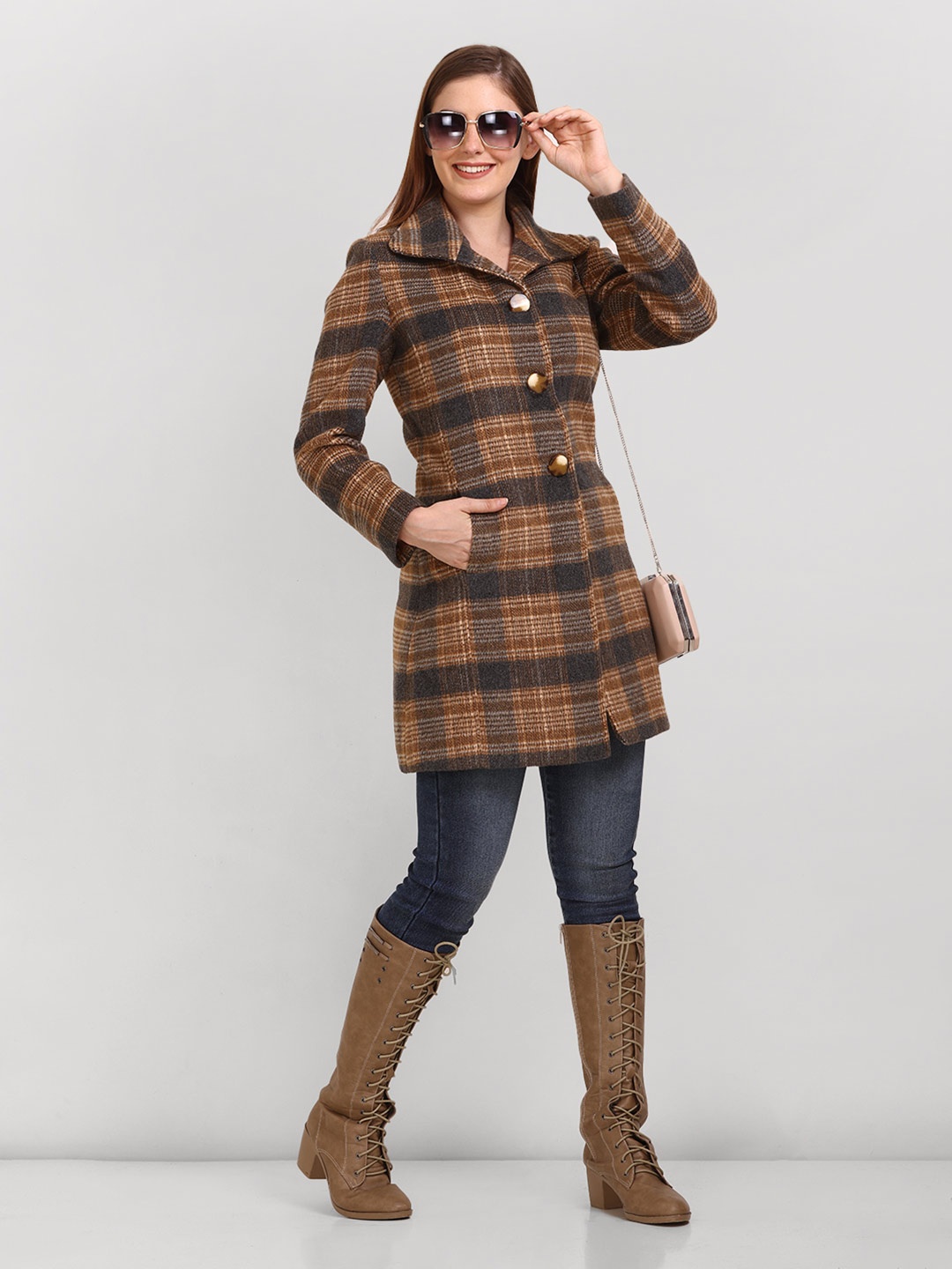 

LURE URBAN Checked Woolen Overcoats, Brown