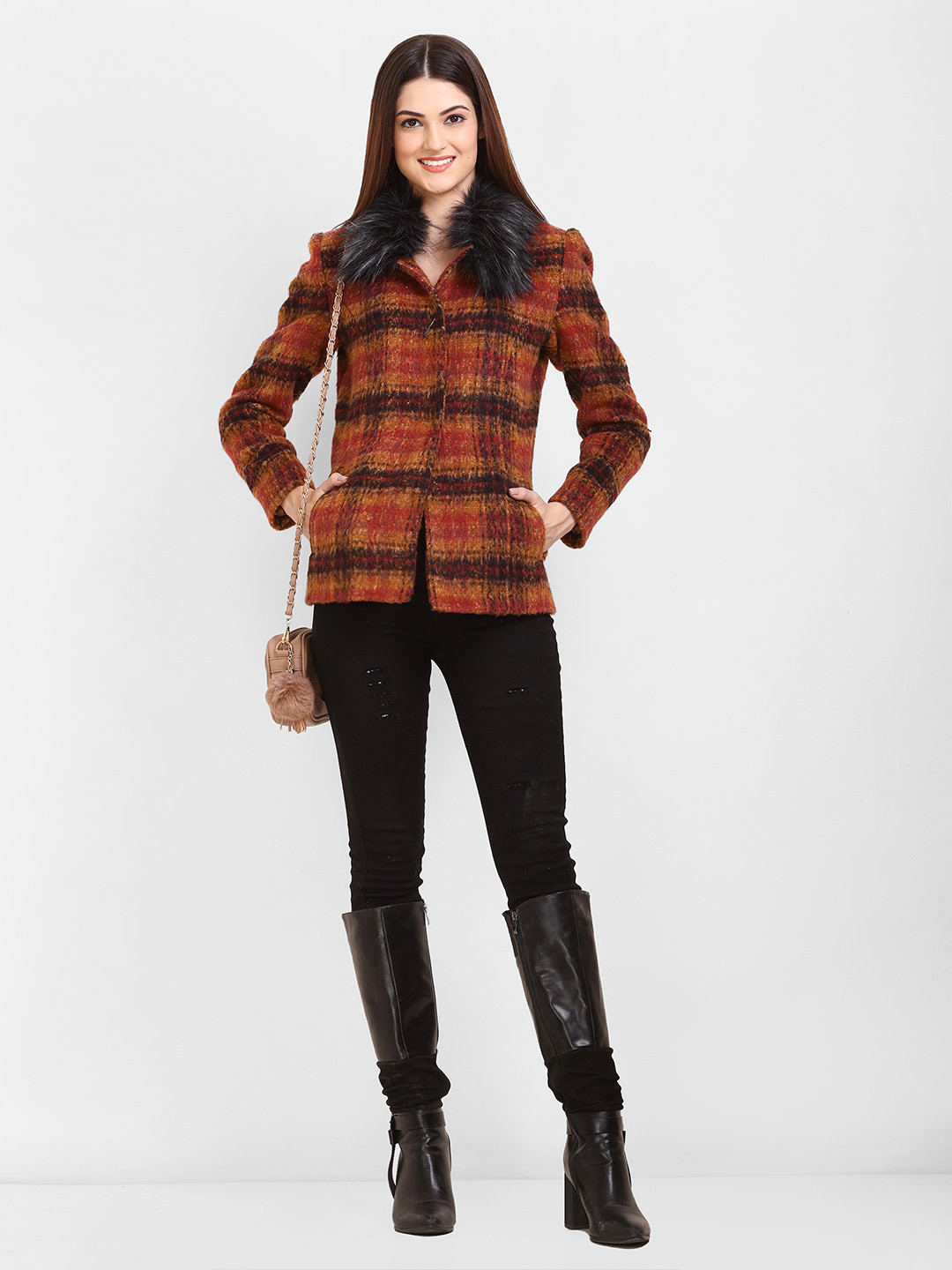 

LURE URBAN Checked Woolen Overcoat, Rust