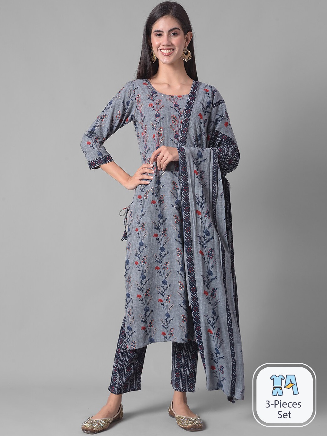 

Dollar Missy Floral Printed Thread Work Straight Kurta & Trouser With Dupatta, Blue