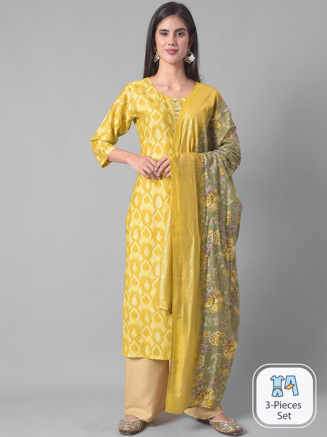

Dollar Missy Ethnic Motifs Printed Beads and Stones Kurta With Palazzos & Dupatta, Yellow