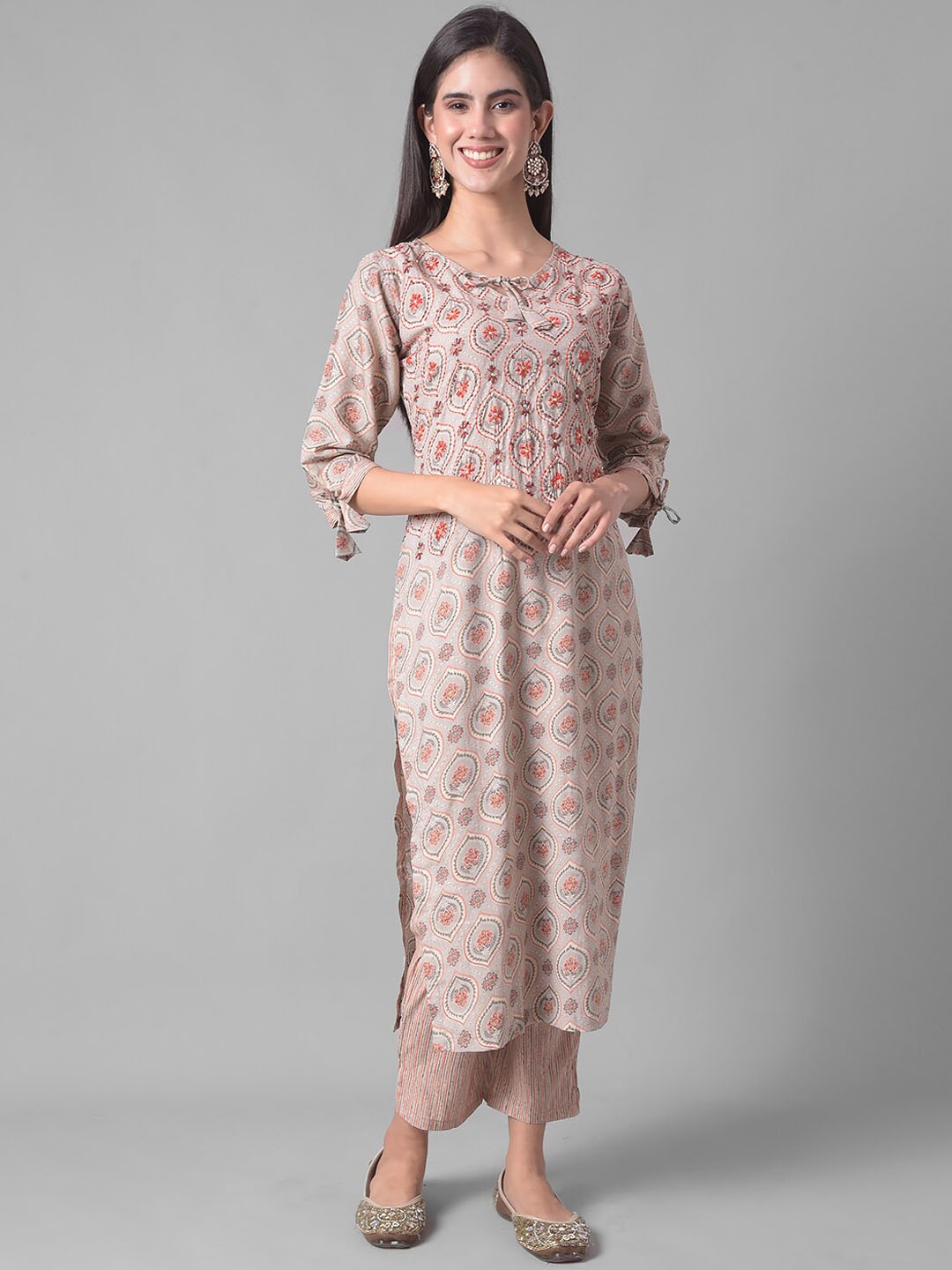 

Dollar Missy Ethnic Motifs Printed Thread Work Straight Kurta With Trouser, Grey