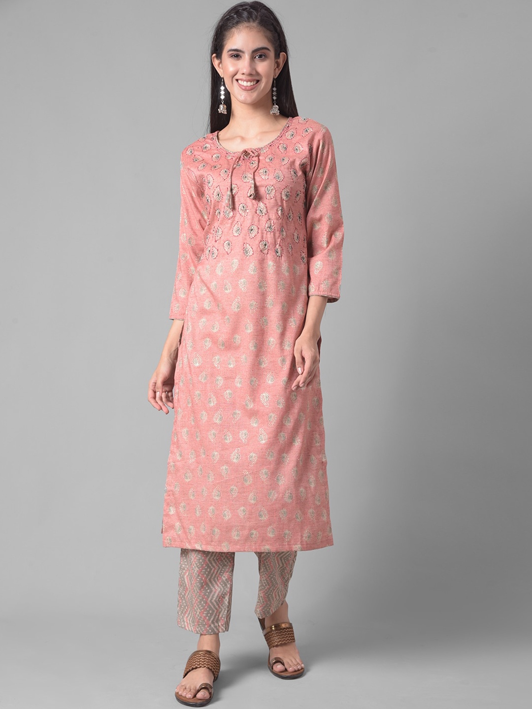 

Dollar Missy Ethnic Motifs Printed Thread Work Straight Kurta With Trouser, Red