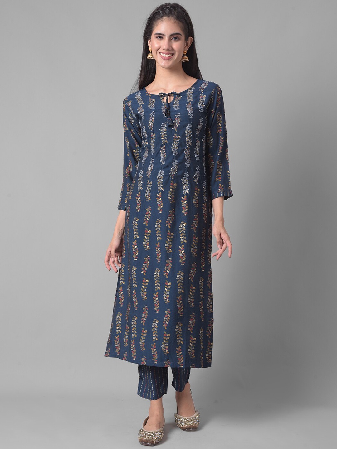 

Dollar Missy Floral Printed Thread Work Straight Kurta With Trouser, Blue