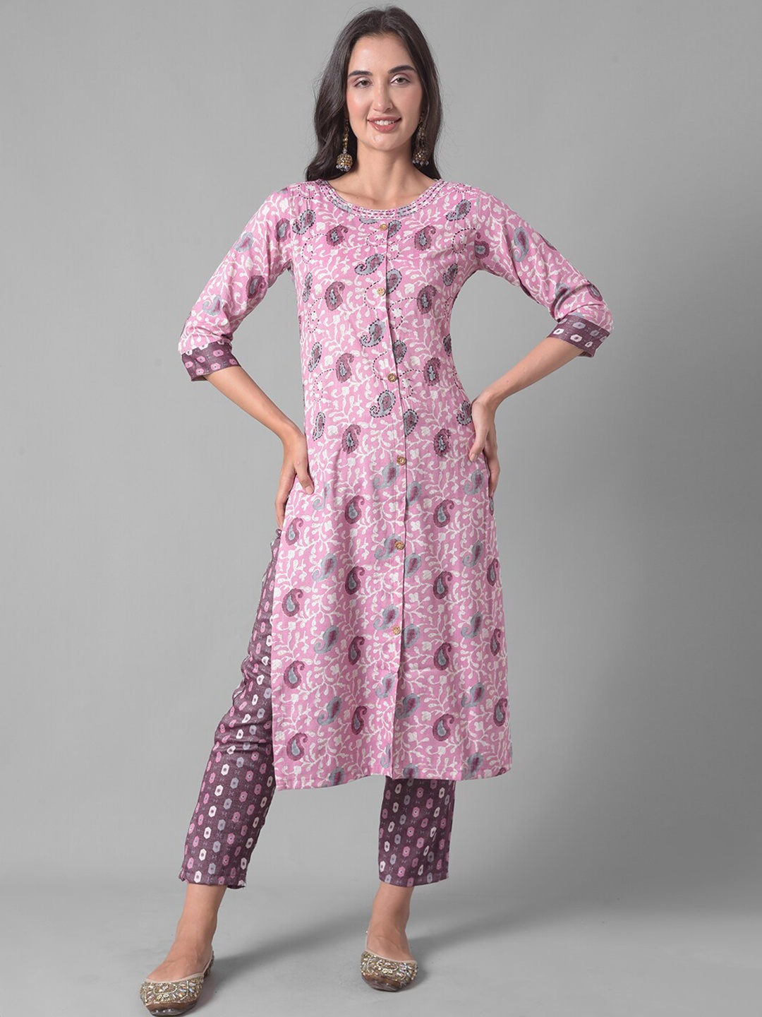 

Dollar Missy Paisley Printed Thread Work Straight Kurta With Trouser, Pink