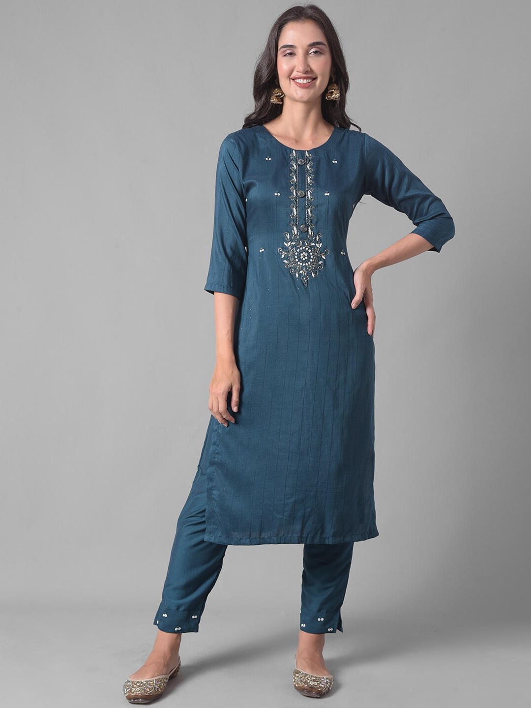 

Dollar Missy Ethnic Motifs Yoke Design Beads and Stones Kurta with Trousers, Blue