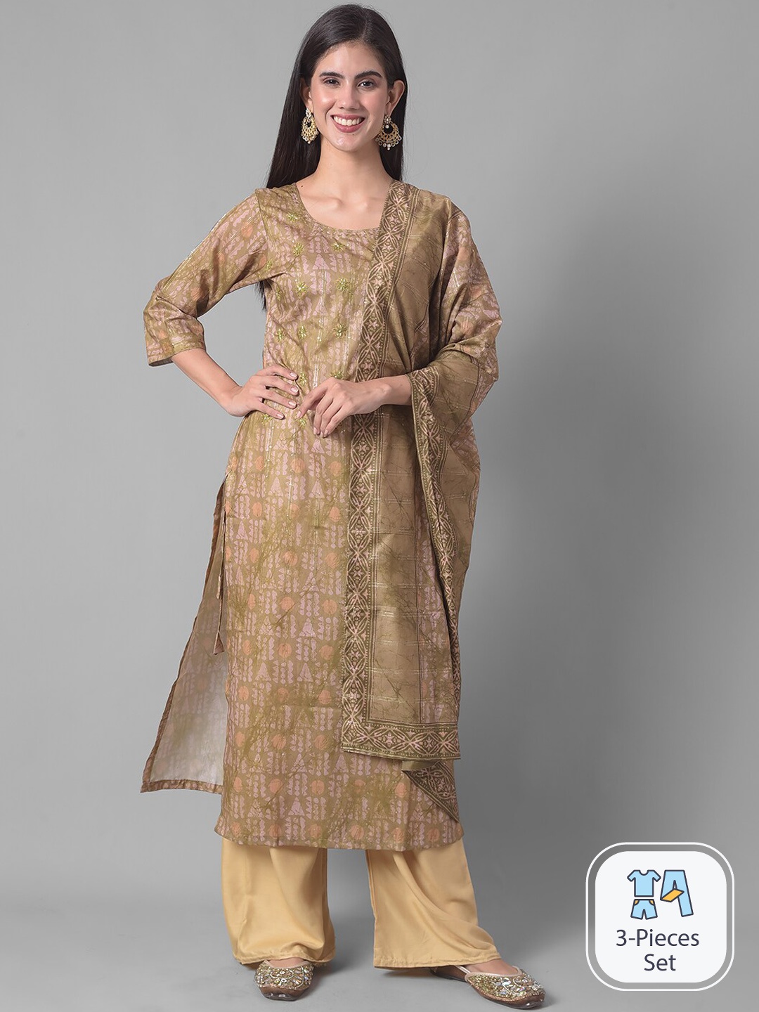 

Dollar Missy Ethnic Motifs Printed Thread Work Kurta With Palazzos & Dupatta, Green