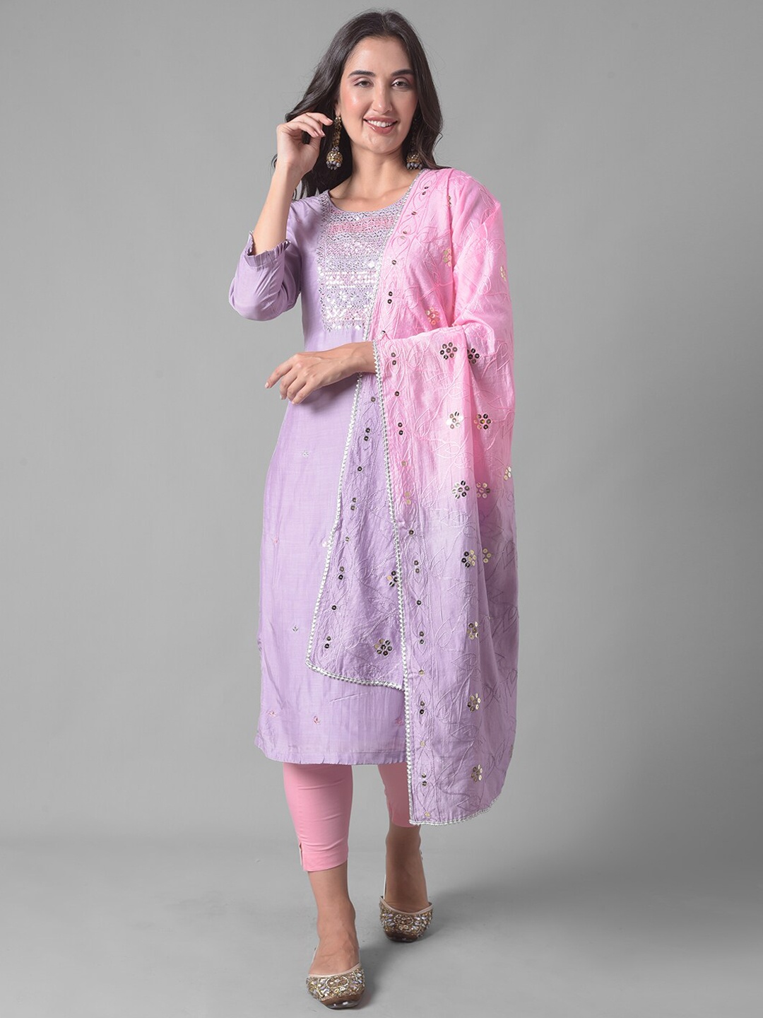 

Dollar Missy Floral Embroidered Regular Mirror Work Kurta With Leggings & Dupatta, Purple