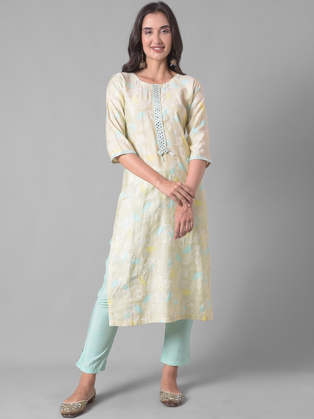 

Dollar Missy Floral Printed Mirror Work Straight Kurta With Trouser, Green