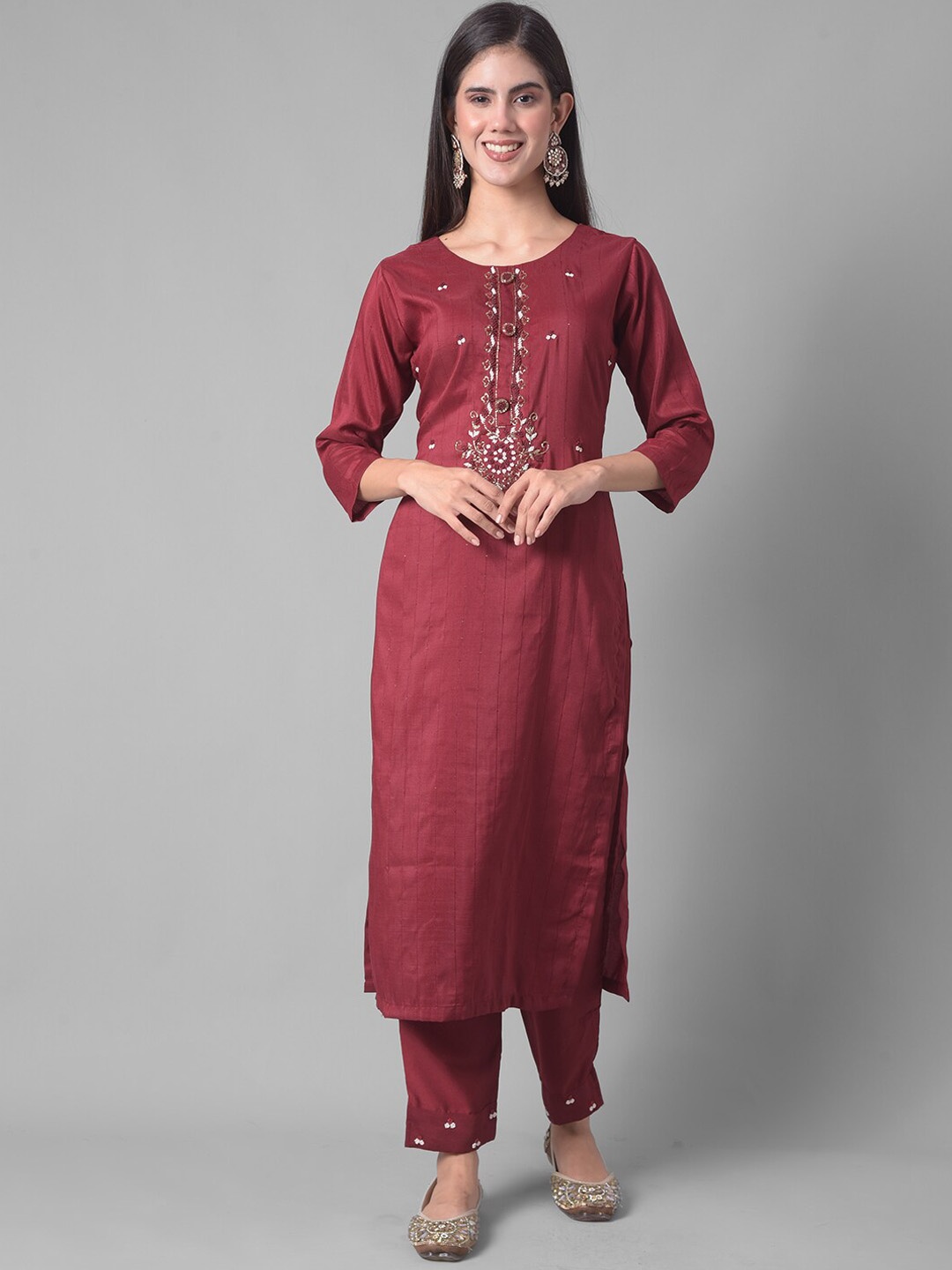 

Dollar Missy Beads & Stones Detailed Straight Kurta With Trousers, Maroon