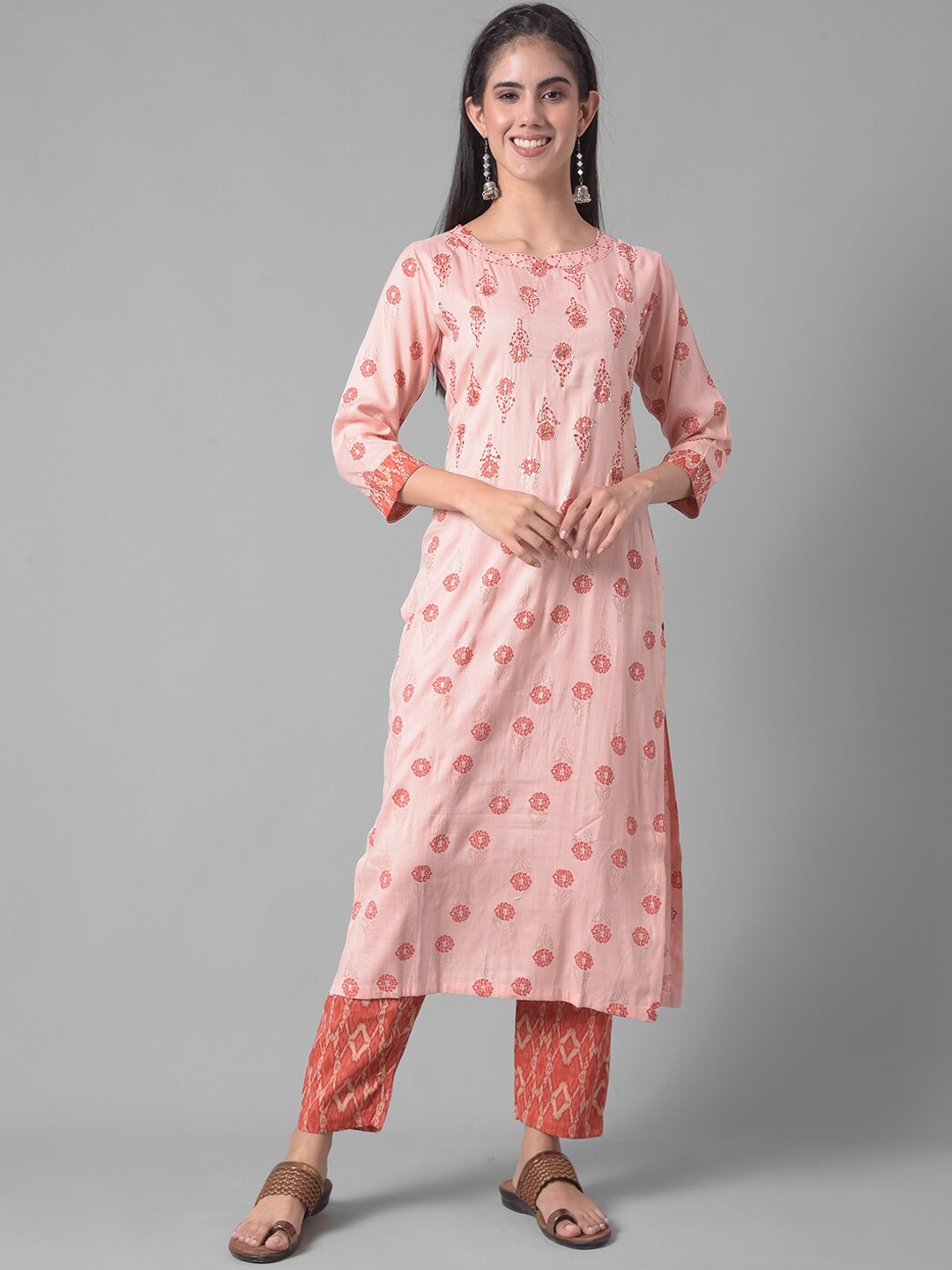 

Dollar Missy Ethnic Motifs Printed Sequinned Detailed Kurta with Trousers, Rust