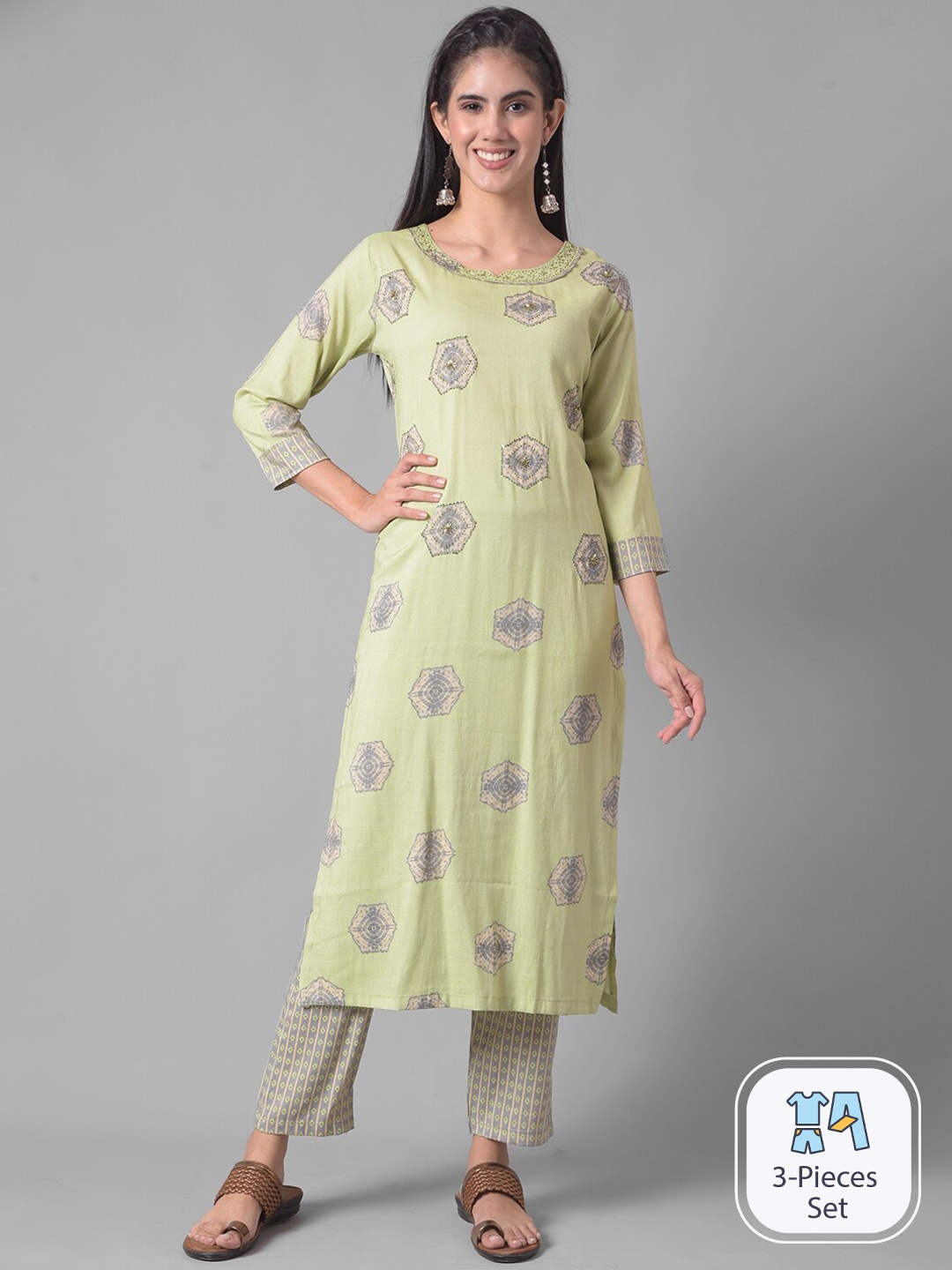 

Dollar Missy Ethnic Motifs Printed Regular Sequinned Kurta With Trousers, Green
