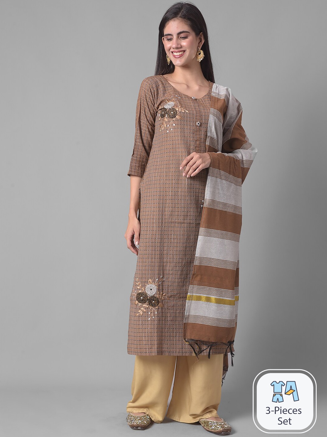 

Dollar Missy Checked Round Neck Thread Work Kurta With Trousers & Dupatta, Brown