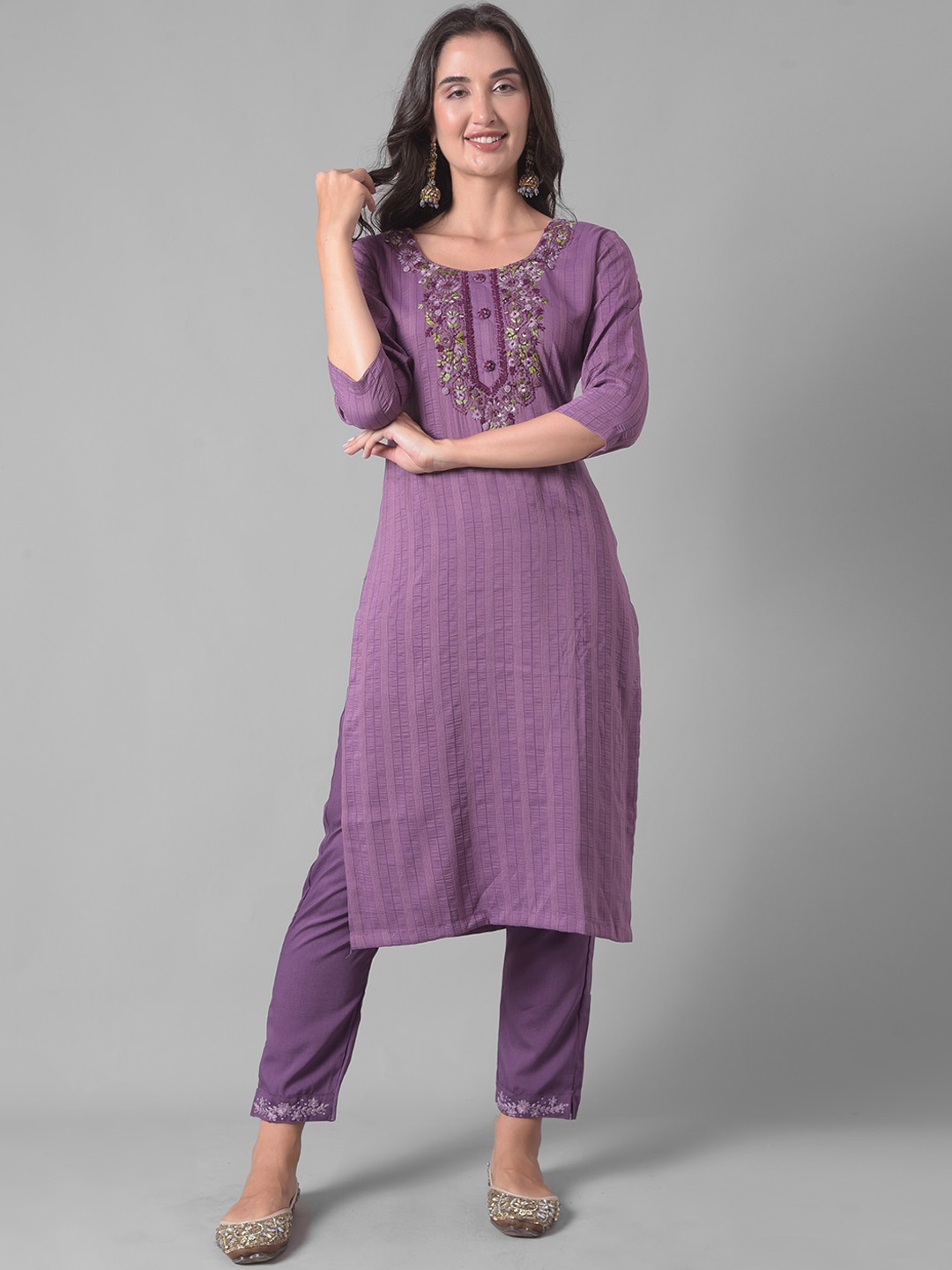 

Dollar Missy Floral Embroidered Thread Work Detailed Kurta with Trousers, Purple