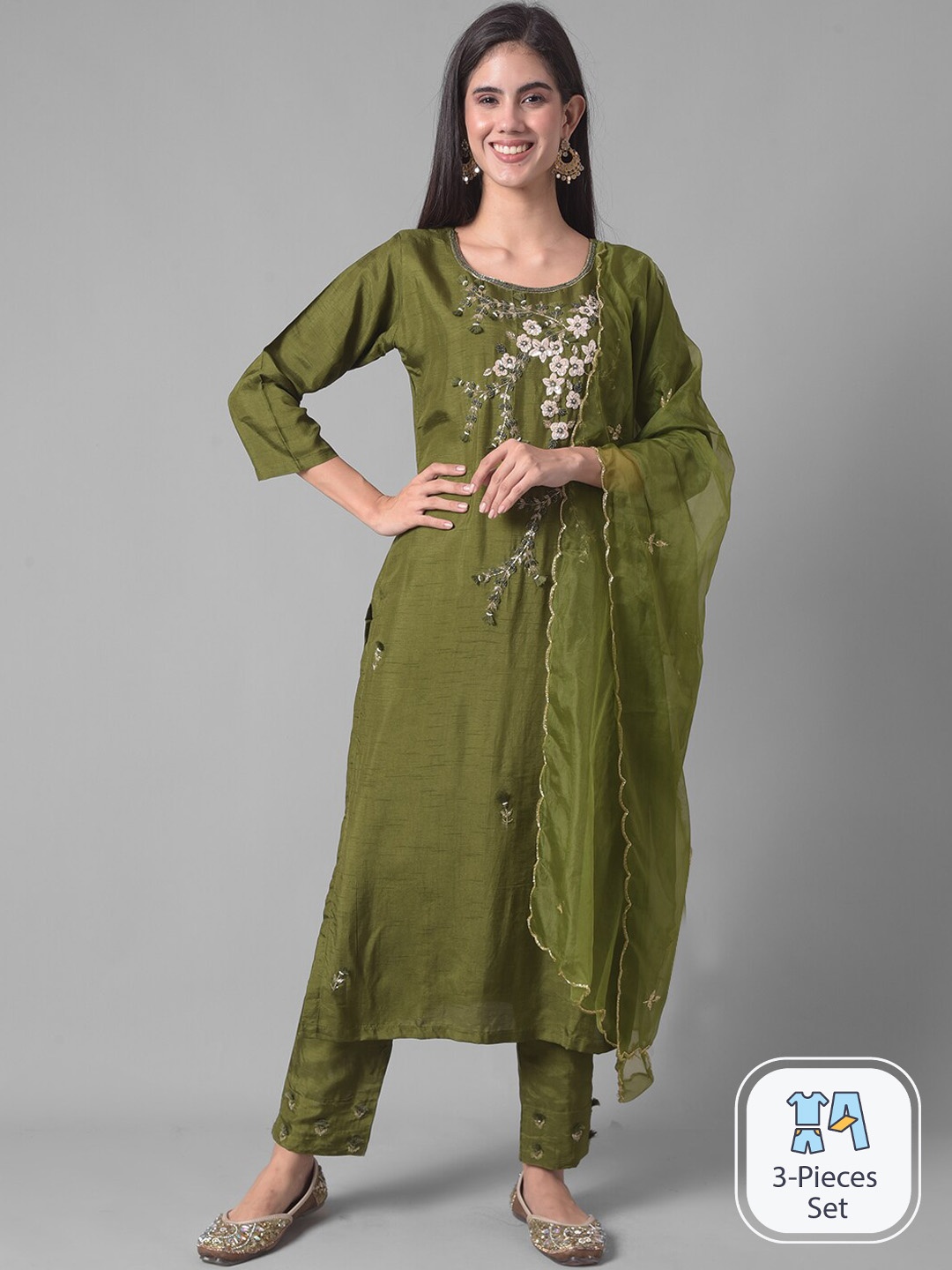

Dollar Missy Floral Embroidered Thread Work Kurta & Trousers With Dupatta, Green