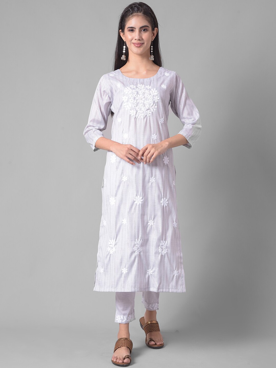 

Dollar Missy Floral Embroidered Thread Work Kurta With Trousers, Grey