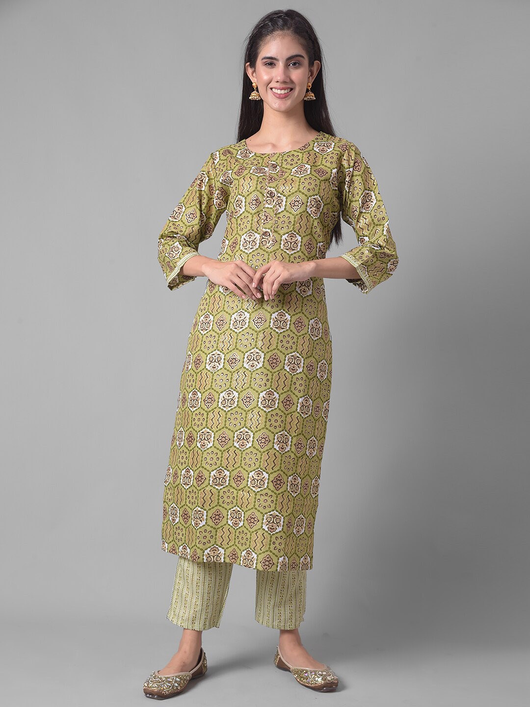 

Dollar Missy Ethnic Motifs Printed Regular Sequinned Kurta With Trousers, Green