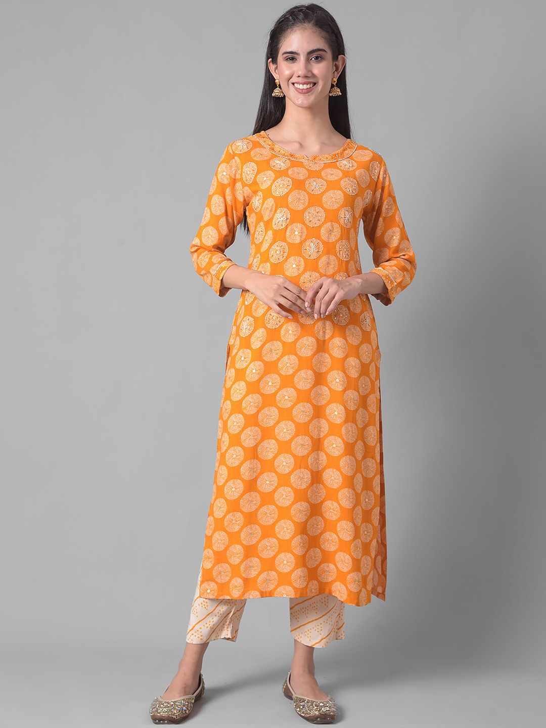 

Dollar Missy Ethnic Motifs Printed Regular Sequinned Kurta With Trousers, Yellow