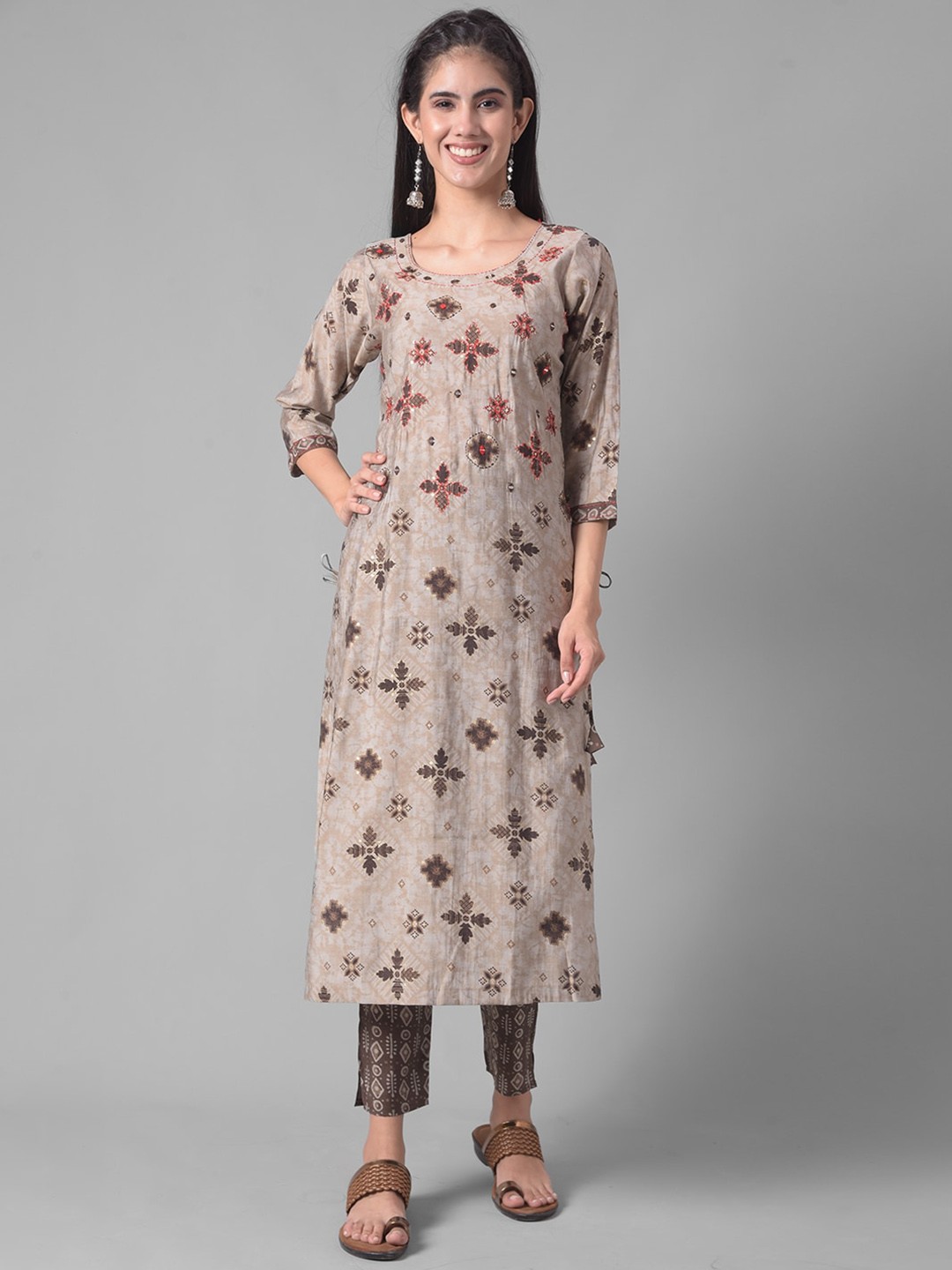 

Dollar Missy Floral Printed Thread Work Straight Kurta With Trouser, Brown