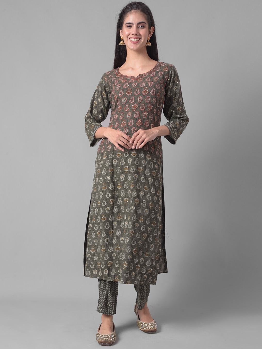 

Dollar Missy Ethnic Motifs Printed Thread Work Straight Kurta With Trouser, Grey