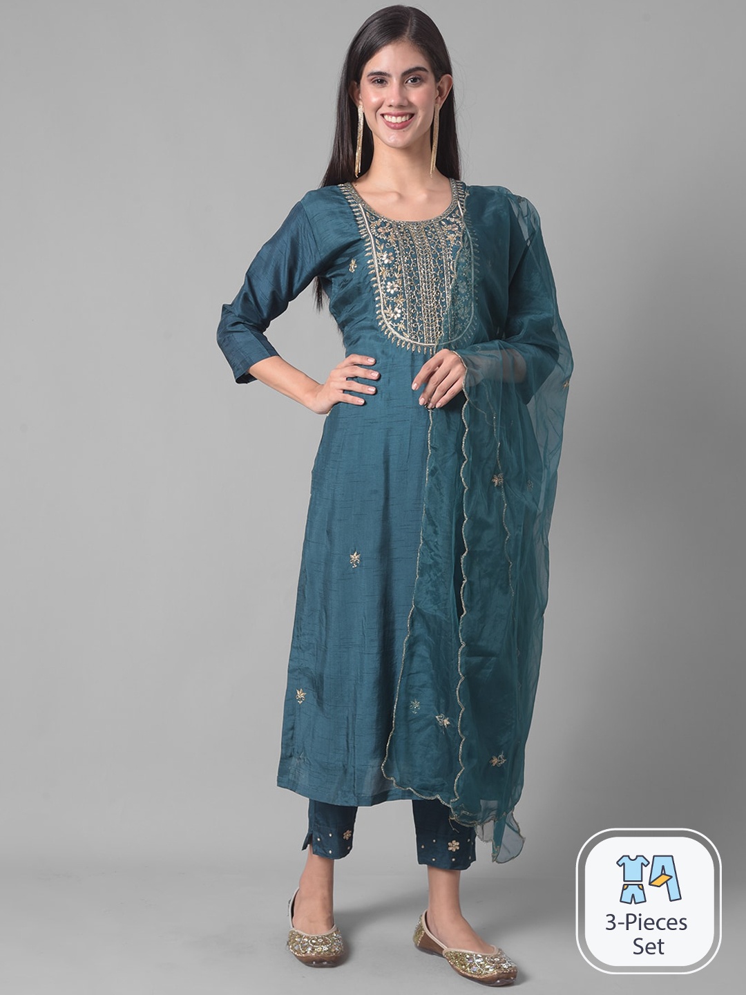 

Dollar Missy Floral Embroidered Regular Thread Work Kurta With Trousers & Dupatta, Blue