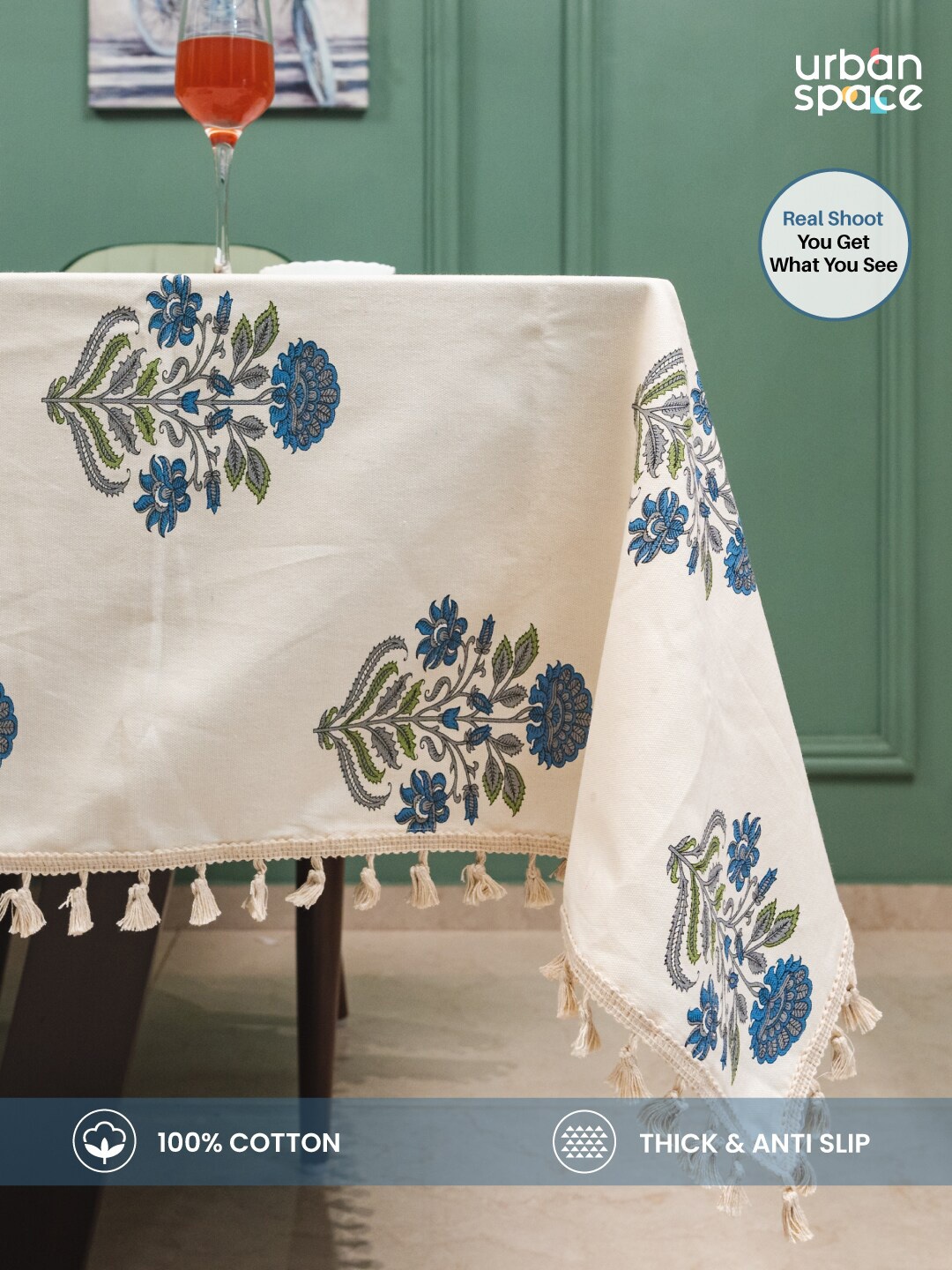 

URBAN SPACE White & Blue Printed Pure Cotton 4-Seater Square Table Cover