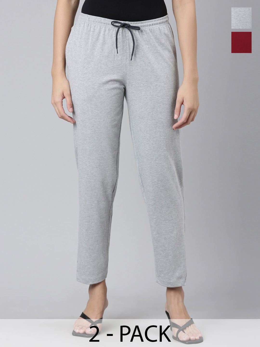 

Kryptic Women Pack Of 2 Pure Cotton Trousers, Grey melange
