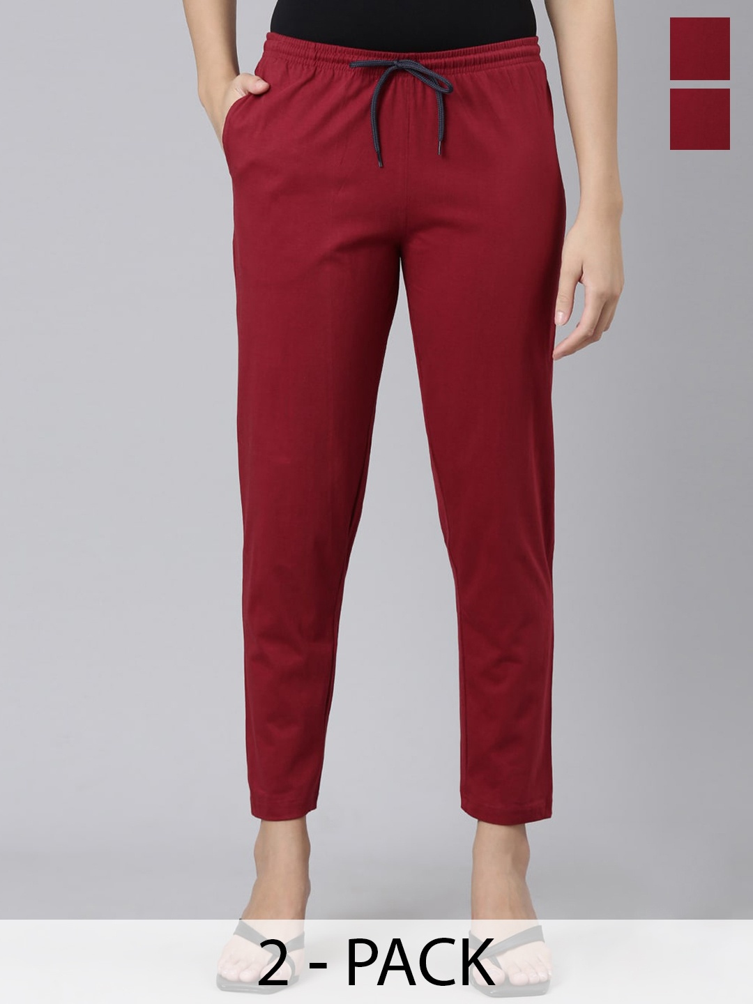 

Kryptic Pack Of 2 Mid-Rise Pure Cotton Cropped Trousers, Maroon
